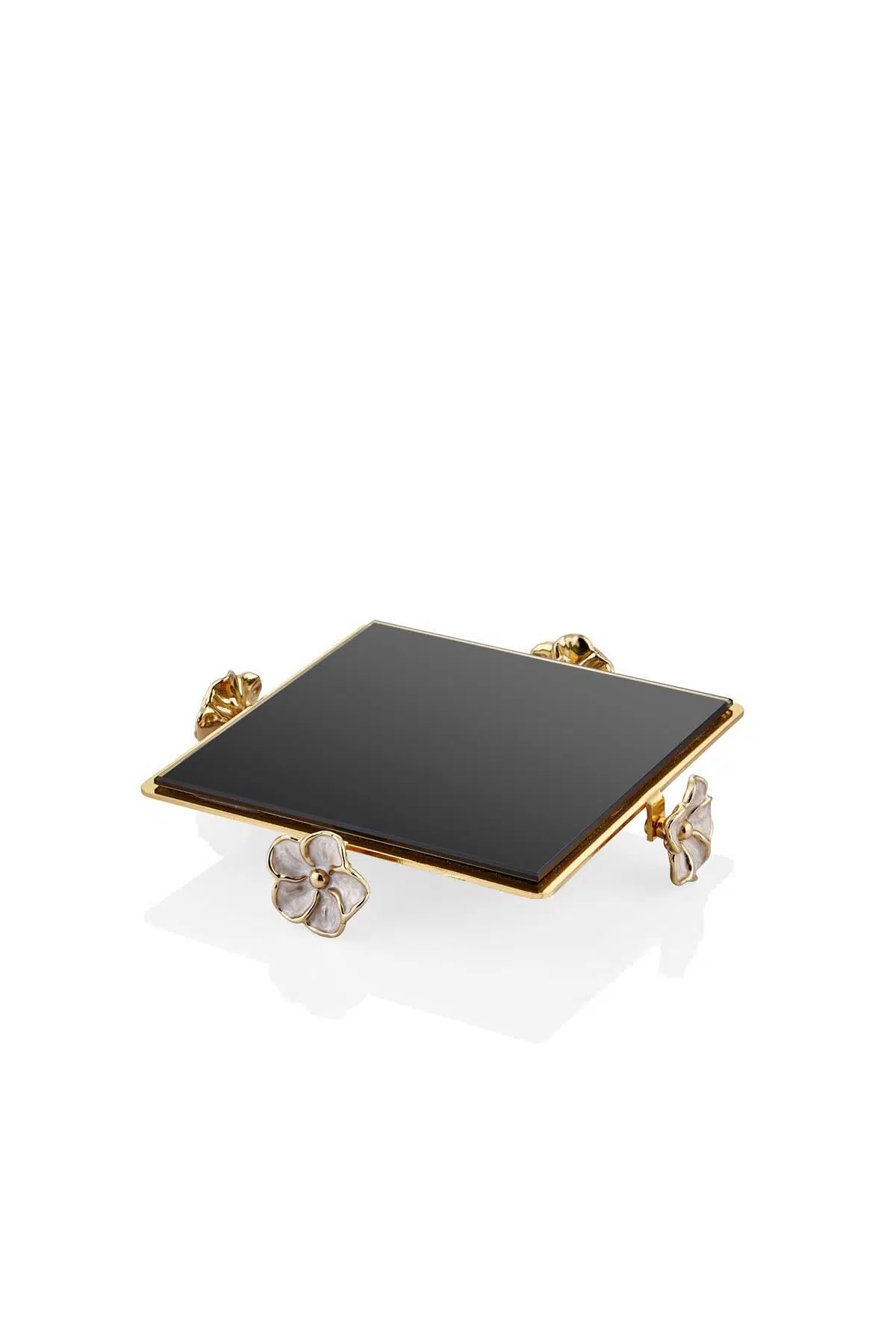 Lazer Kesim Siyah Camlı Sedef Mineli Çiçek Kare Sunumluk Gold 19*19*4 Cm
