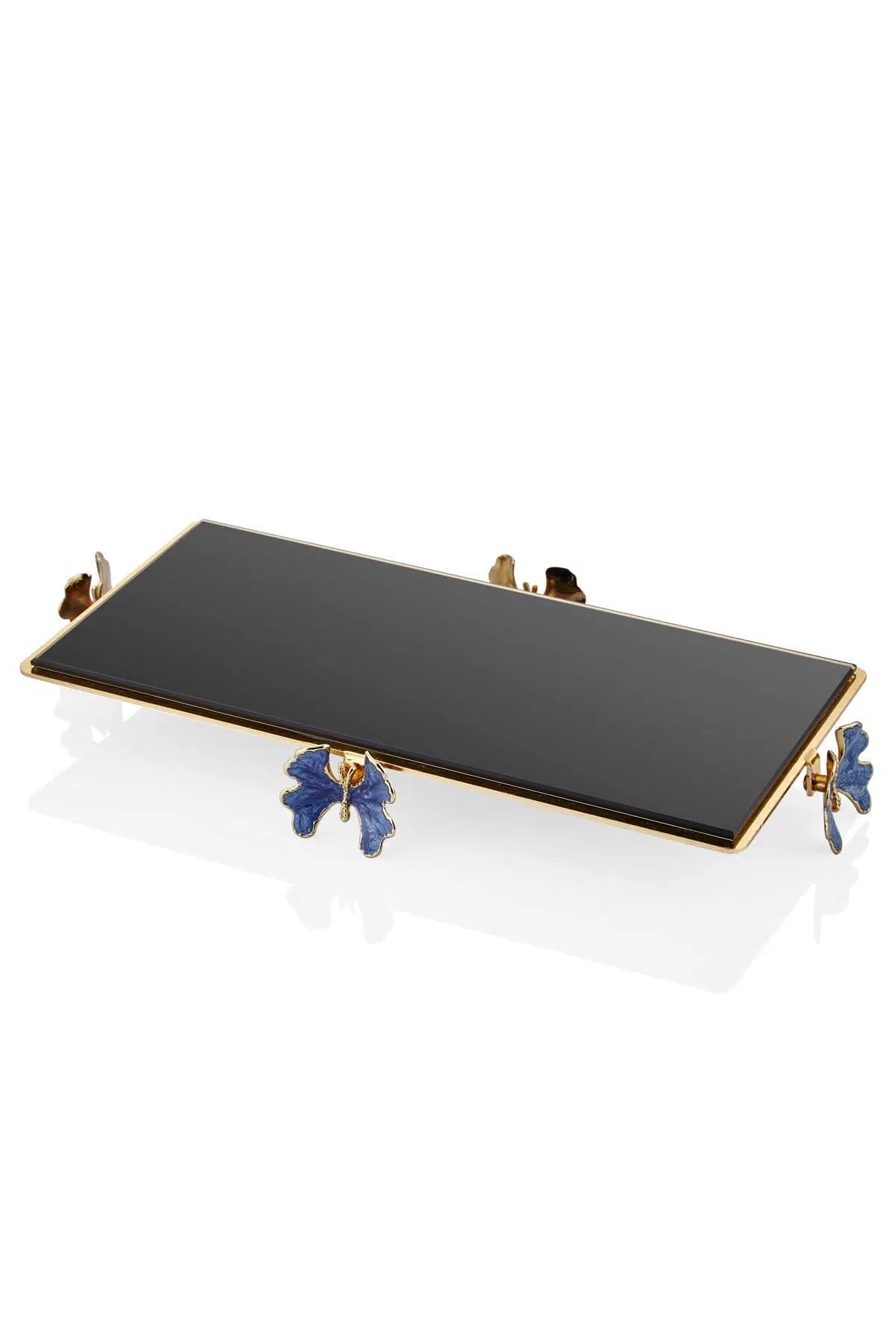 Lazer Kesim Siyah Camlı Mavi Mineli Kelebek Dikdörtgen Sunumluk Gold 18*35*4 Cm