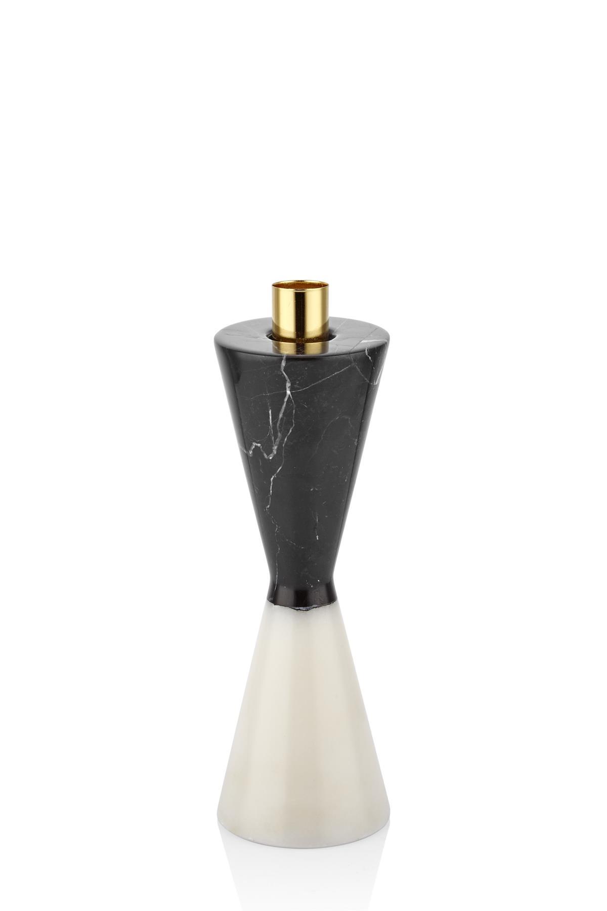 Evza Mermer Konik Şamdan Siyah Üst Gold 7*7*22 Cm