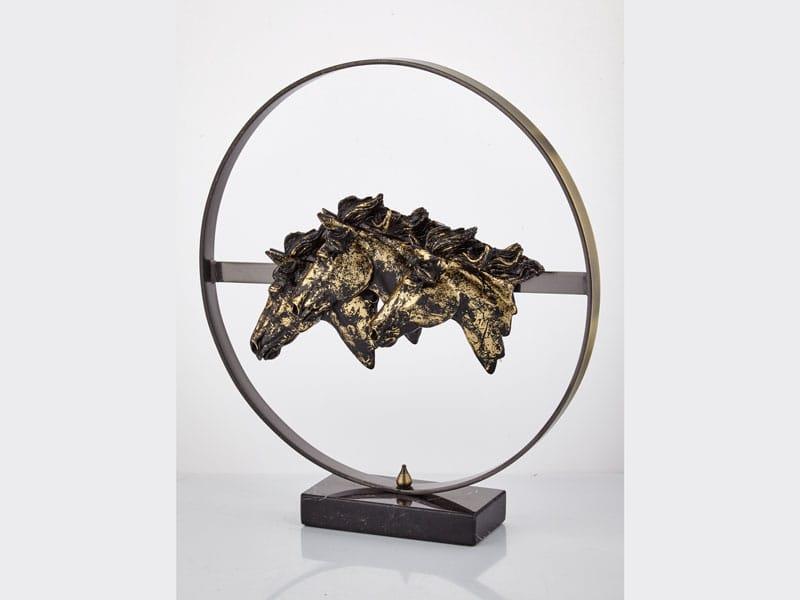 Evza Mermer Halka İçinde 3 Kafalı At Siyah Bronz 8*37*40 Cm