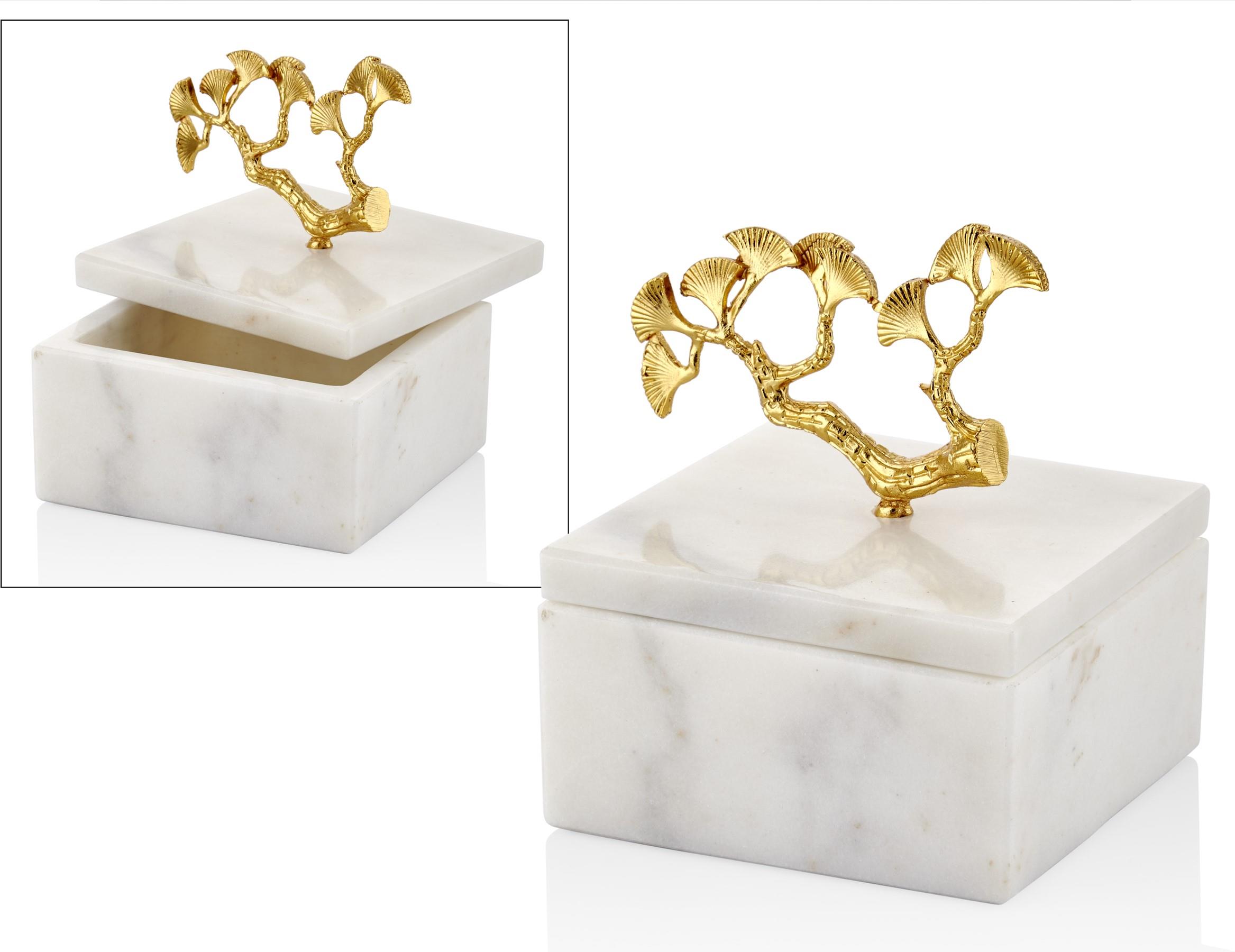 Evza Mermer Kutu Kare Dallı Gınkgo Küçük Beyaz Gold 12*12*8 Cm