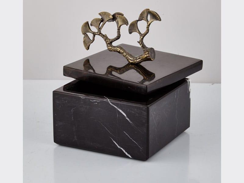 Evza Mermer Kutu Kare Dallı Gınkgo Küçük Siyah Bronz 12*12*8 Cm