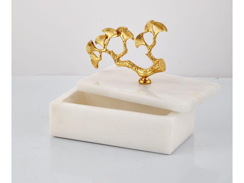Evza Mermer Kutu Dikdörtgen Dallı Gınkgo Küçük Beyaz Gold 8*15*5 Cm