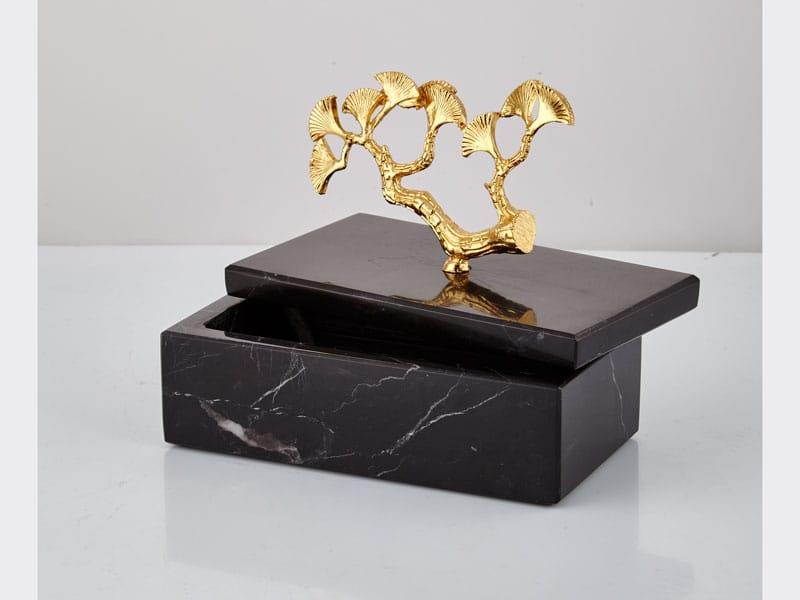Evza Mermer Kutu Dikdörtgen Dallı Gınkgo Küçük Siyah Gold 8*15*5 Cm