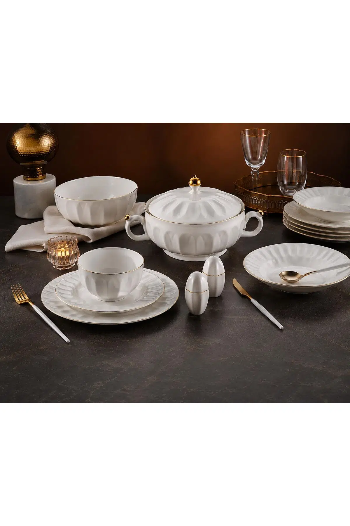 Aryıldız Lotus 60 Parça Bone Altın Yemek Takımı AR34006