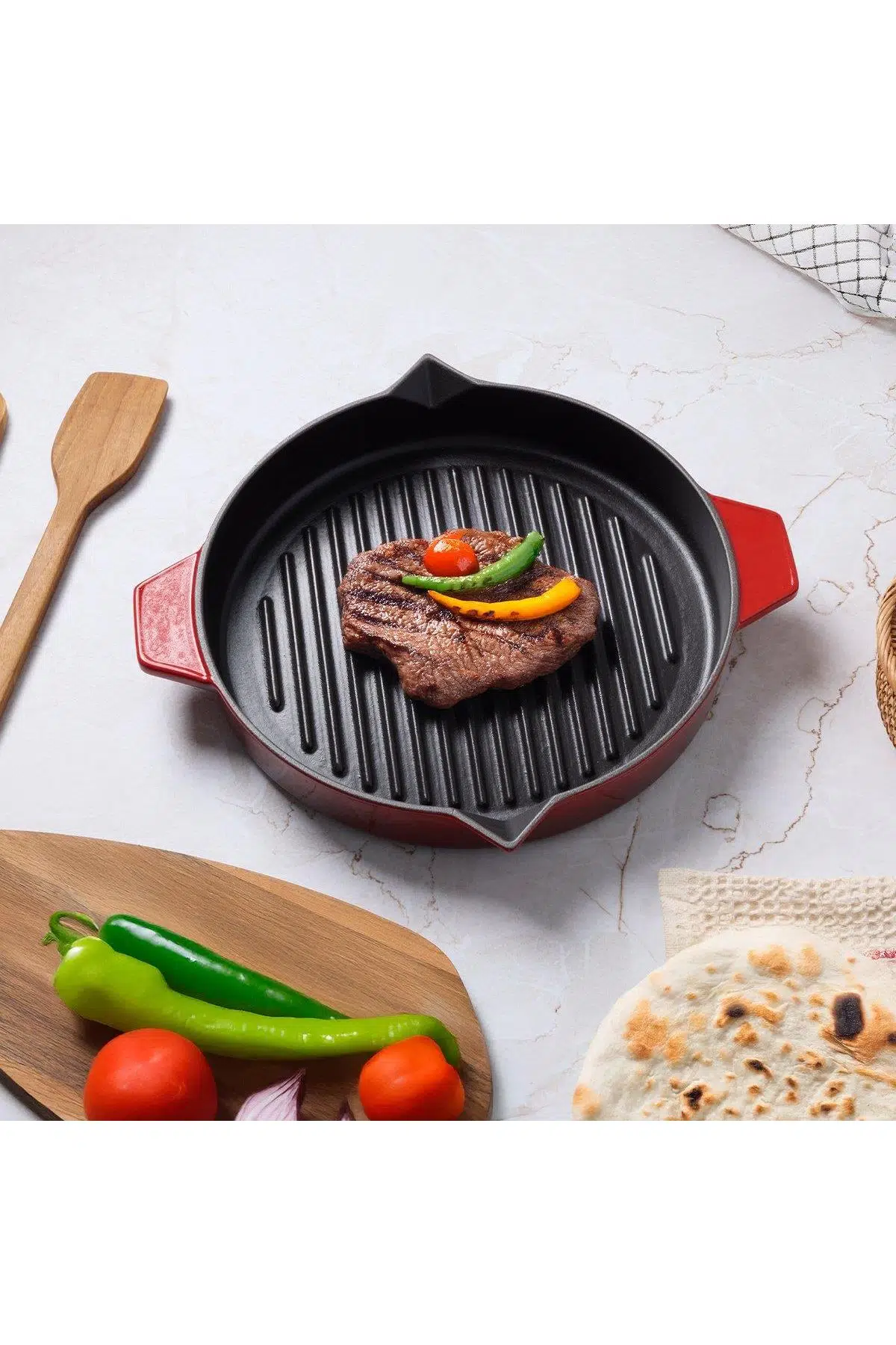 Aryıldız Duo Techniq Bombe Grill Döküm Izgara Tava Kırmızı 30cm