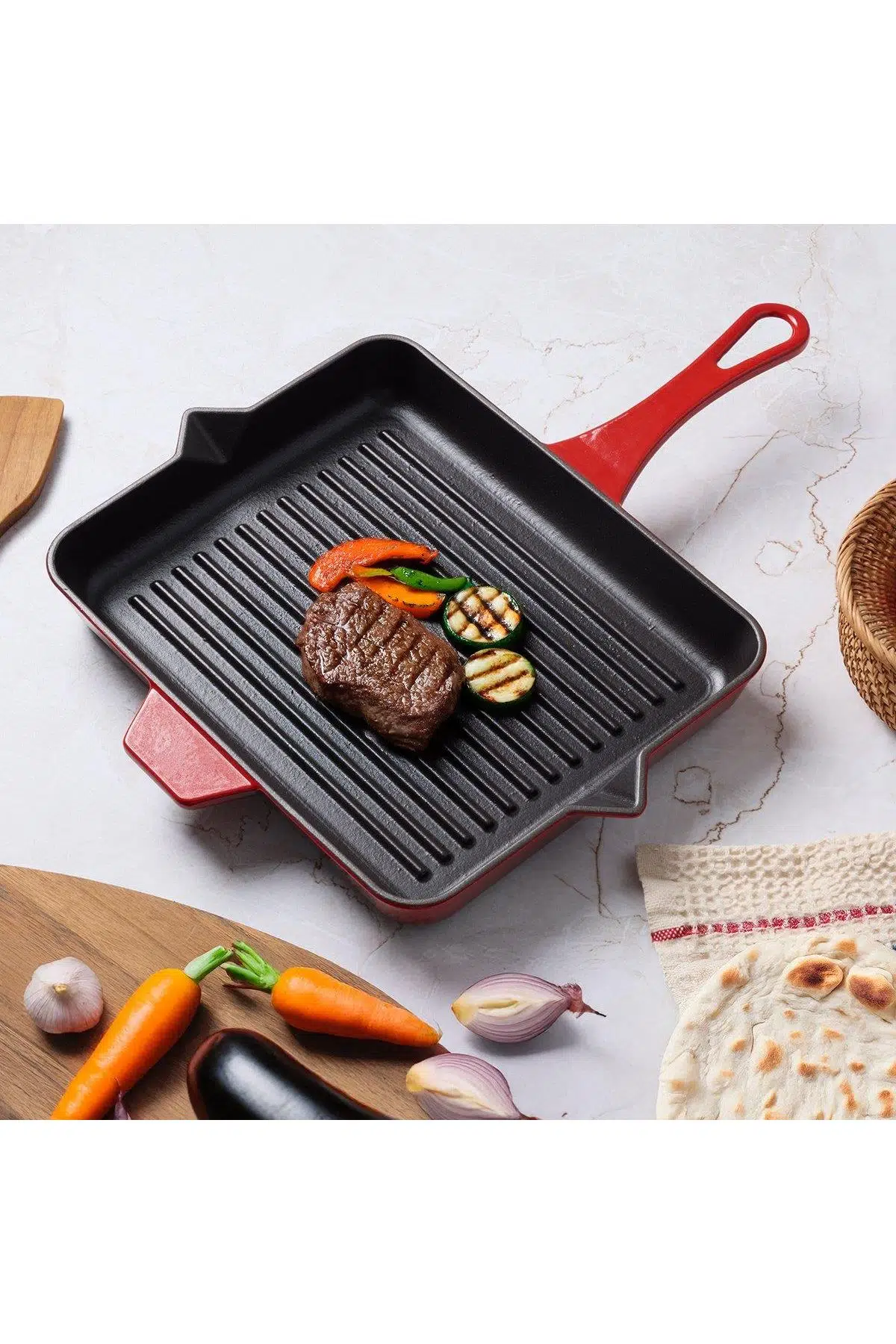 Aryıldız Duo Techniq Grill Döküm Izgara Tava Kırmızı 26x32cm