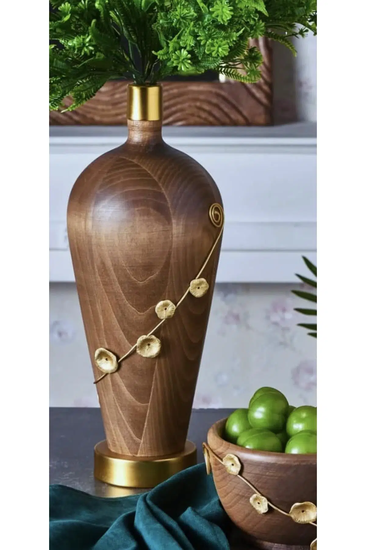 Seta Nilüfer Kulplu Ahşap Tombul Uzun Vazo 16*16*36 Cm
