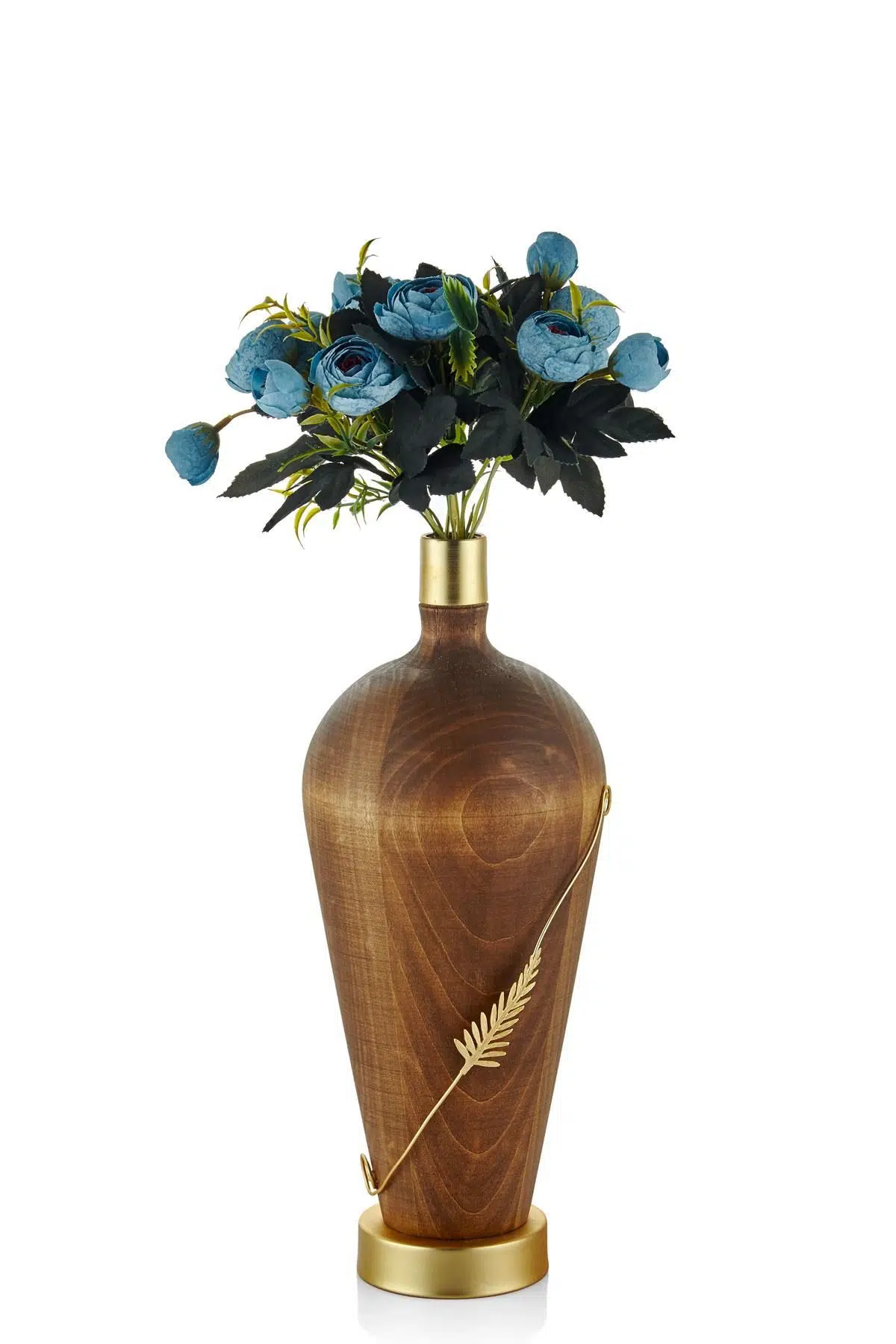Seta Tel Yapraklı Ahşap Uzun Tombul Vazo 16*16*36 Cm
