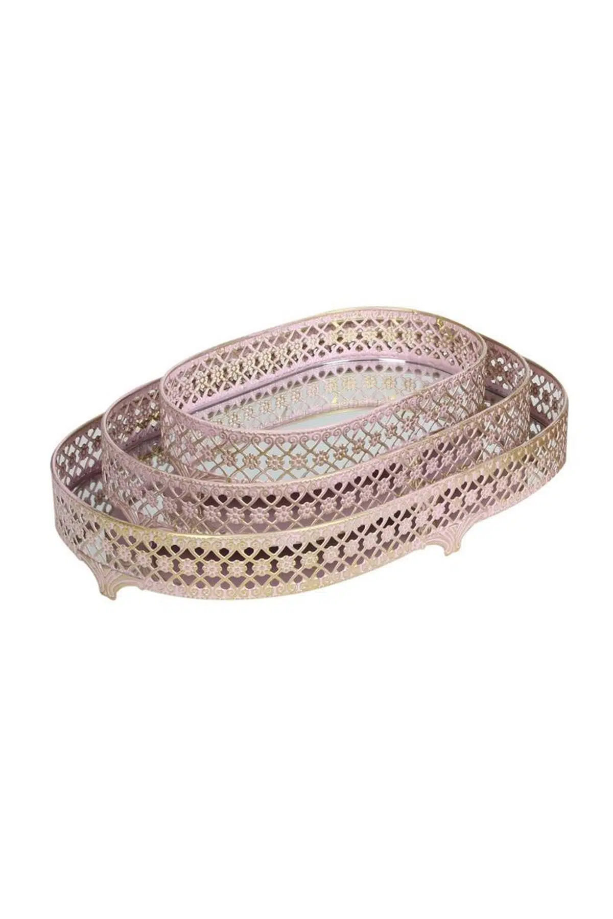 Seta Dekor Tepsi Oval Pembe Çiçek 3Lü Set 35,30,24 Cm